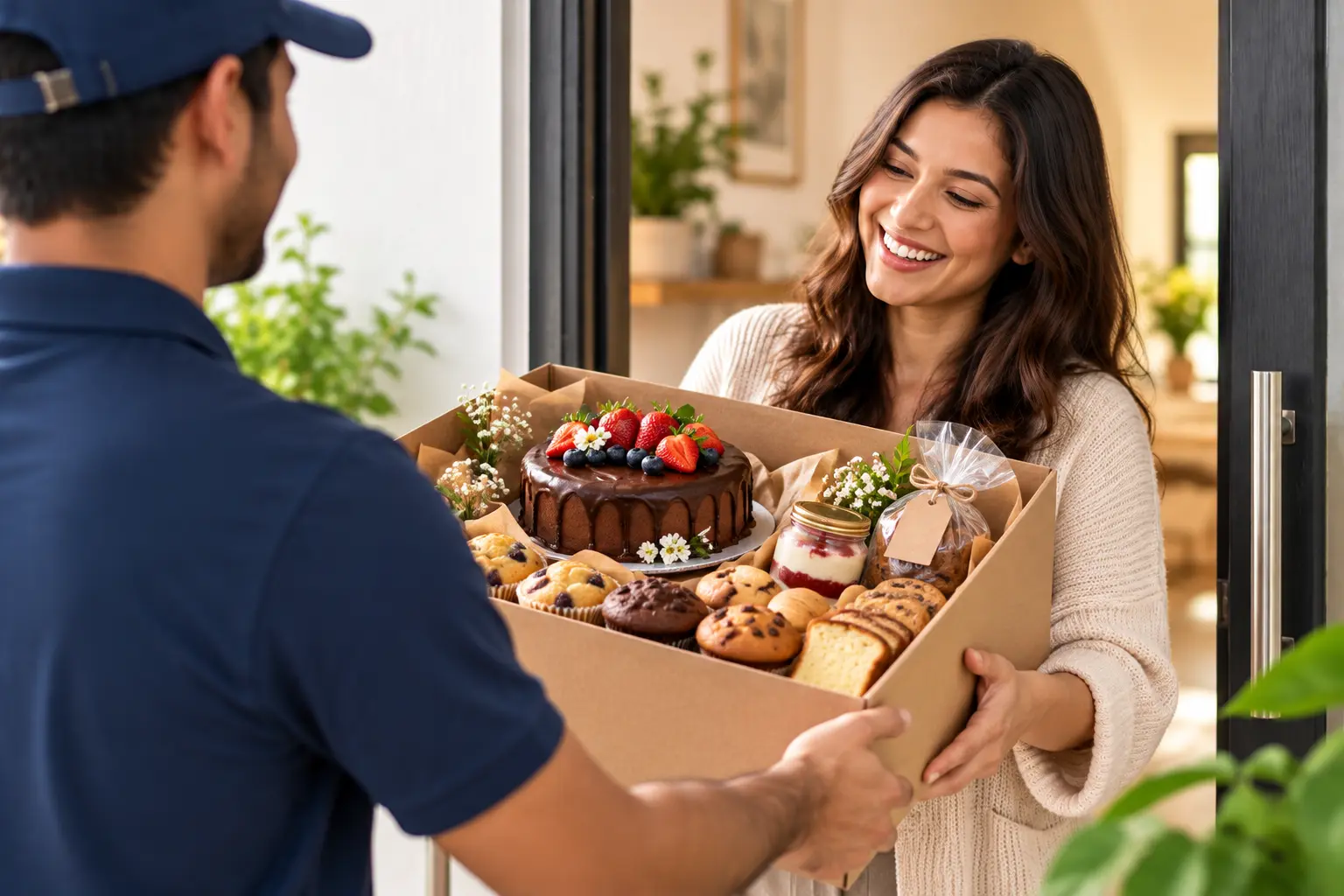 Customer receiving a delivery of homemade cakes and baked treats from RAHUZA Mart
